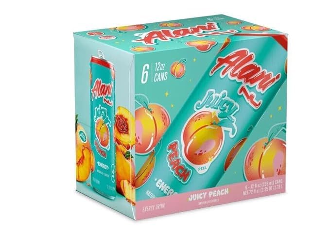 Alani JUICY PEACH Sugar Free, Low Calorie Energy Drinks, 12 oz (6 pack)
