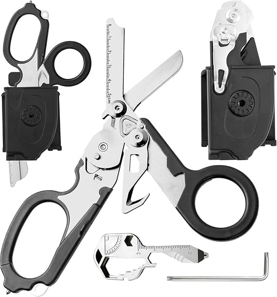 Heavy Duty 6-in-1 Emergency Trauma Shears with Holster – Stainless Steel Foldable Rescue Scissors & Pliers, Glass Breaker & Seatbelt Cutter – Tactical Survival Gear for EMT, Camping, Car Safety