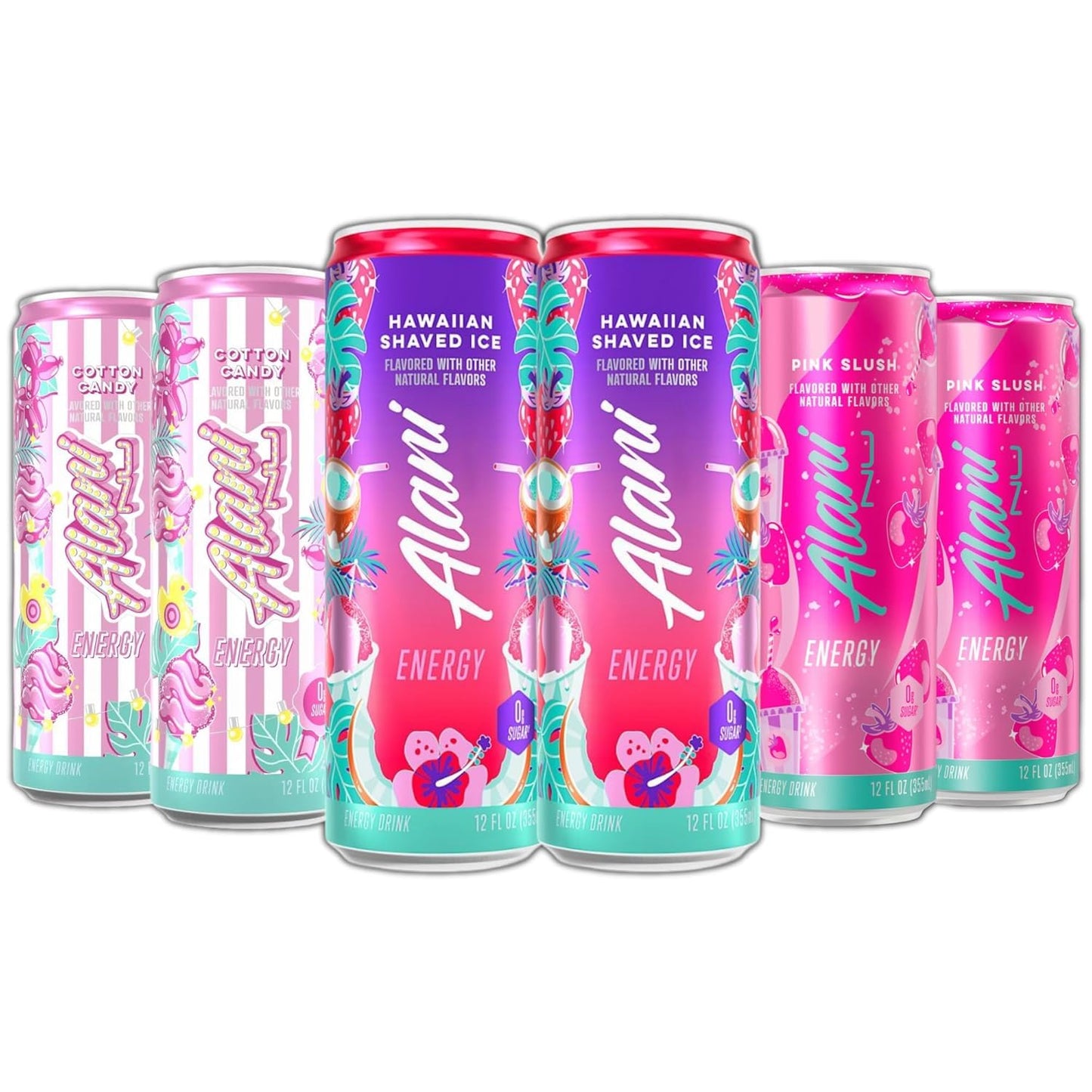 New Alani Energy Drinks Cotton Candy, Hawaian Shaved Ice, Pink Slush Variety Pack Sugar-Free, Low-Calorie, 200mg Caffeine, Energy Boost Drink 12 fl oz (Pack of 6)