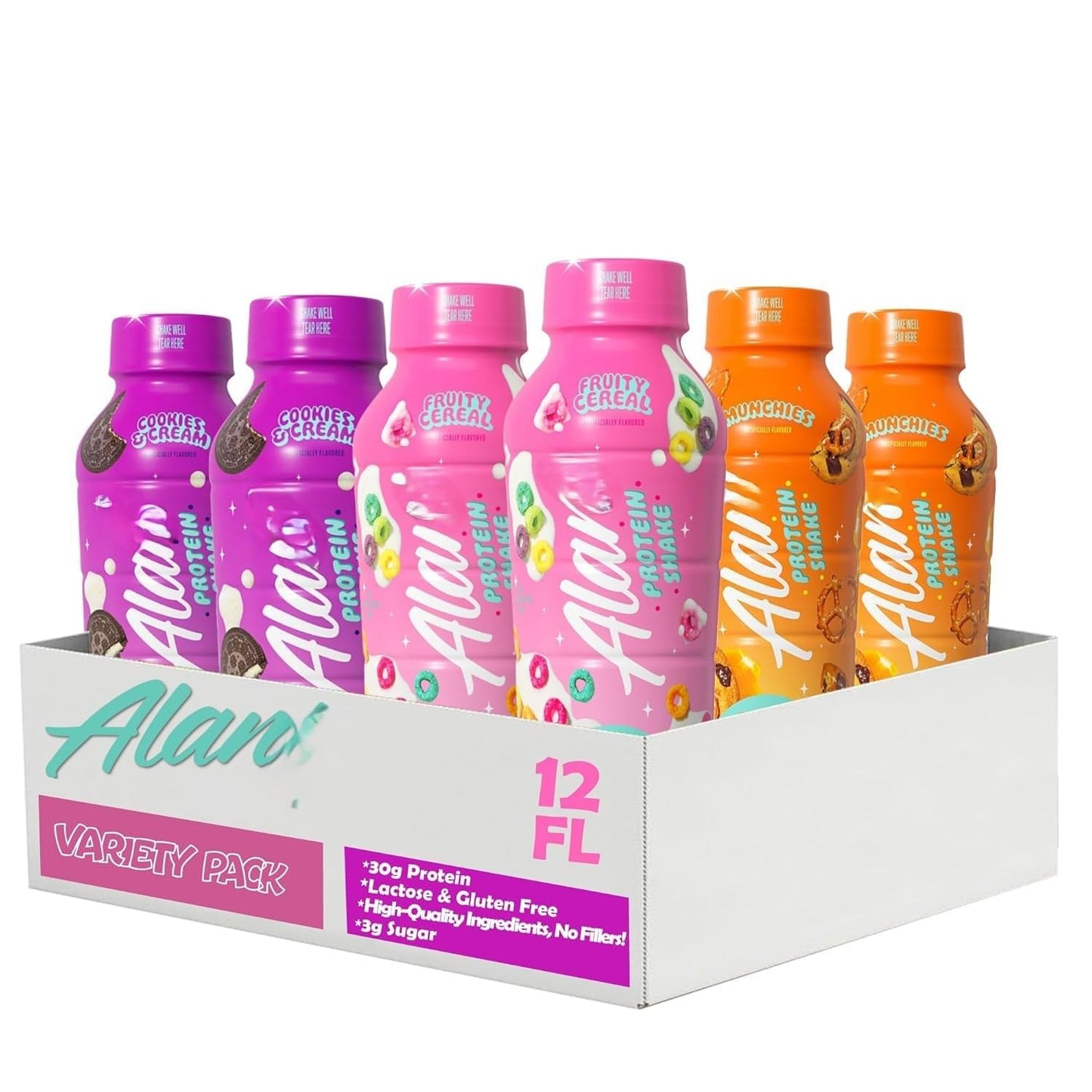 NEW Alani High Protein Shake Variety Pack, Cookies and Cream, Fruity Cereal & Munchies - Ready to Drink, Naturally Flavored, Gluten Free,160 Calories, 30g Protein,12 Fl Oz (6 Pack)