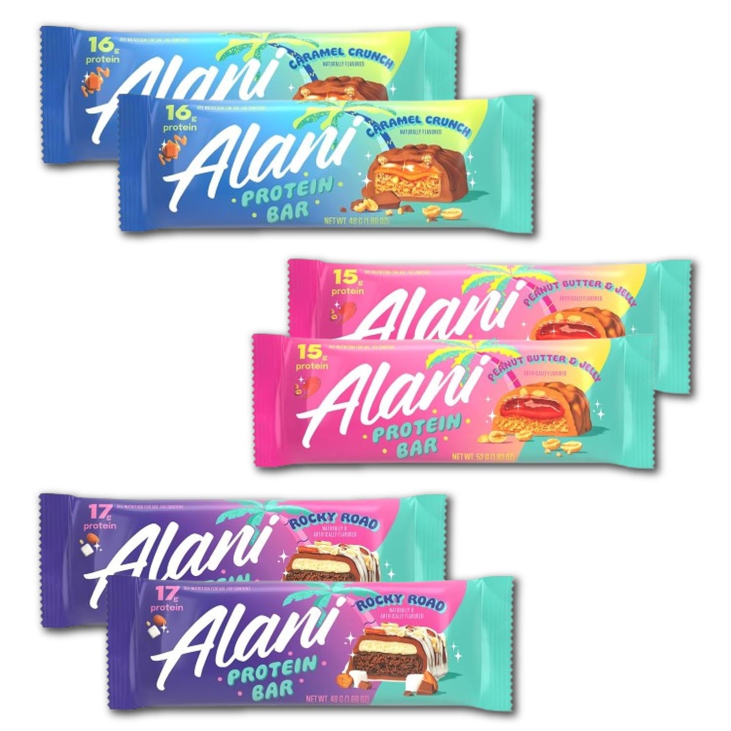 Alani High Protein Snack Bars – Variety Pack – Caramel Crunch, Peanut Butter & Jelly, Rocky Road – Gluten-Free – 6 Count REPACKAGED BY Trendy Stuff Online