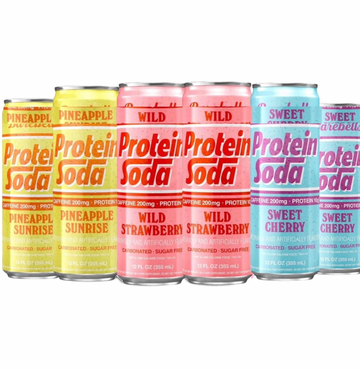 Barebels Protein Soda Wild Strawberry, Sweet Cherry & Pineapple Sunrise Sugar Free 10g Protein 200mg Caffeine B Vitamins Sparkling Energy Drink Ready to Drink 12 Fl Oz (6pack)