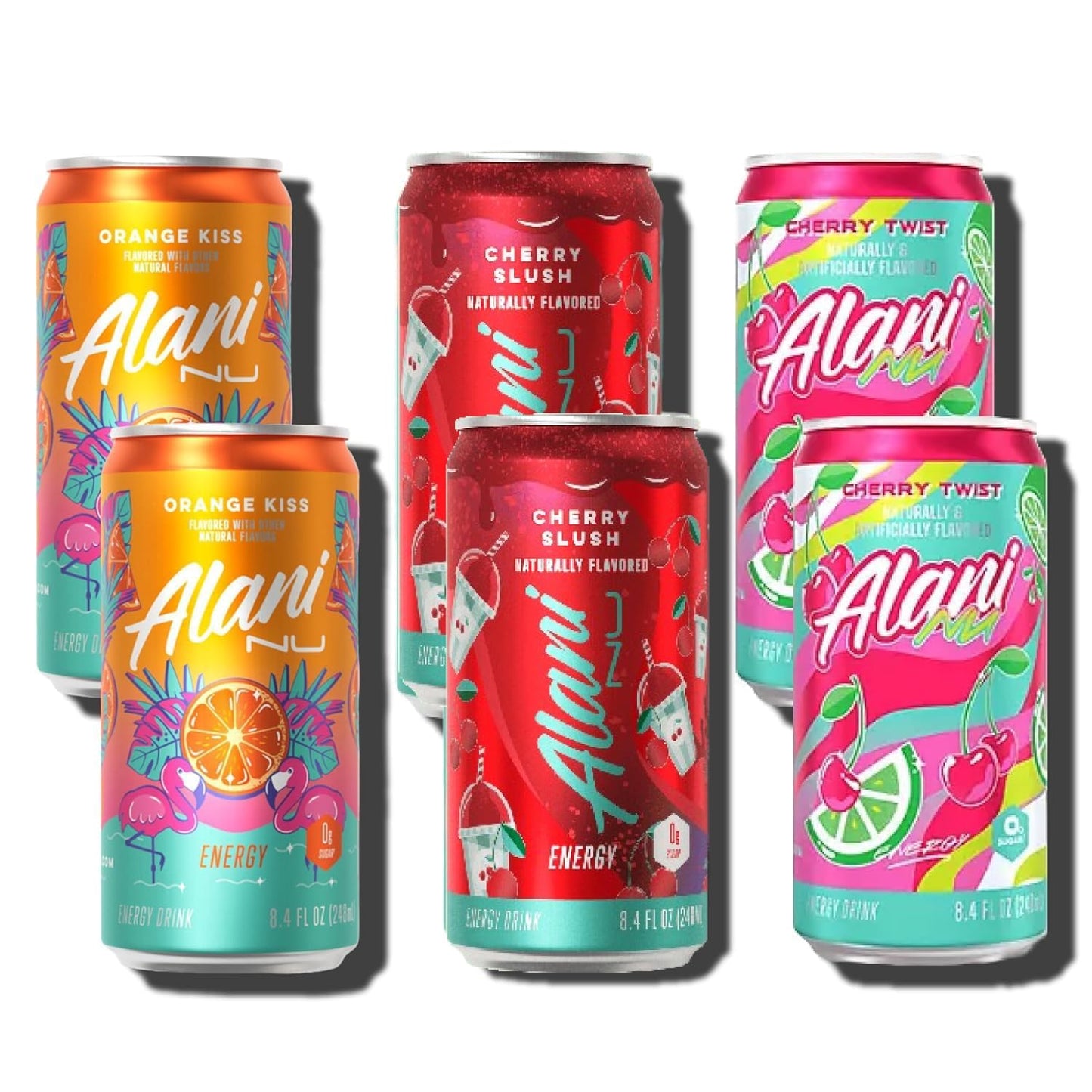 Alani Energy Drinks - Cherry Slush, Cherry Twist, Orange Kiss VARIETY PACK Sugar Free, Low Calorie, 8.4 Fl Oz Cans (6 Pack)