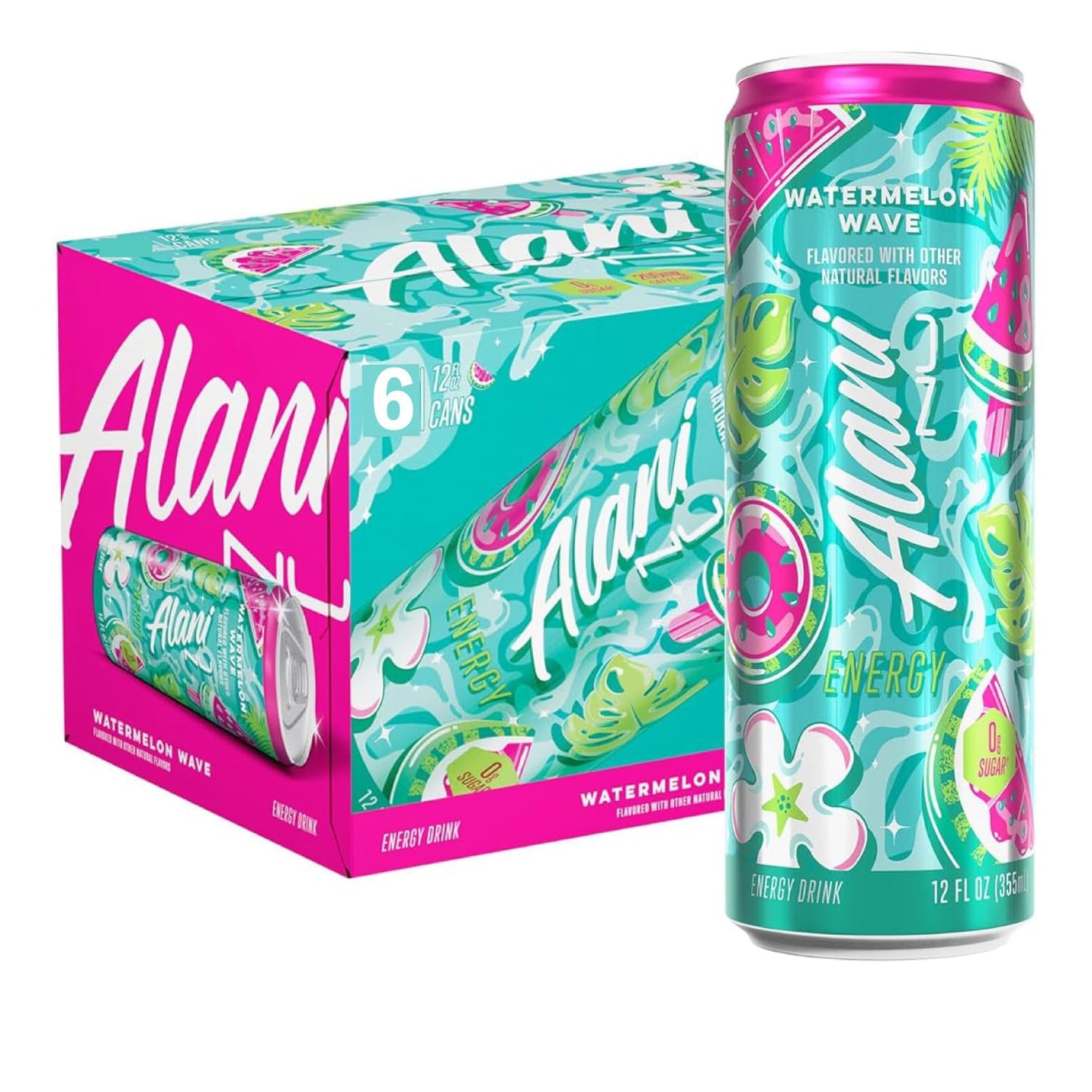 Alani Energy Drinks WATERMELON WAVE Sugar Free, Low Calorie, 200mg Caffeine, Zero Sugar, 12 Fl Oz, 6 Pack