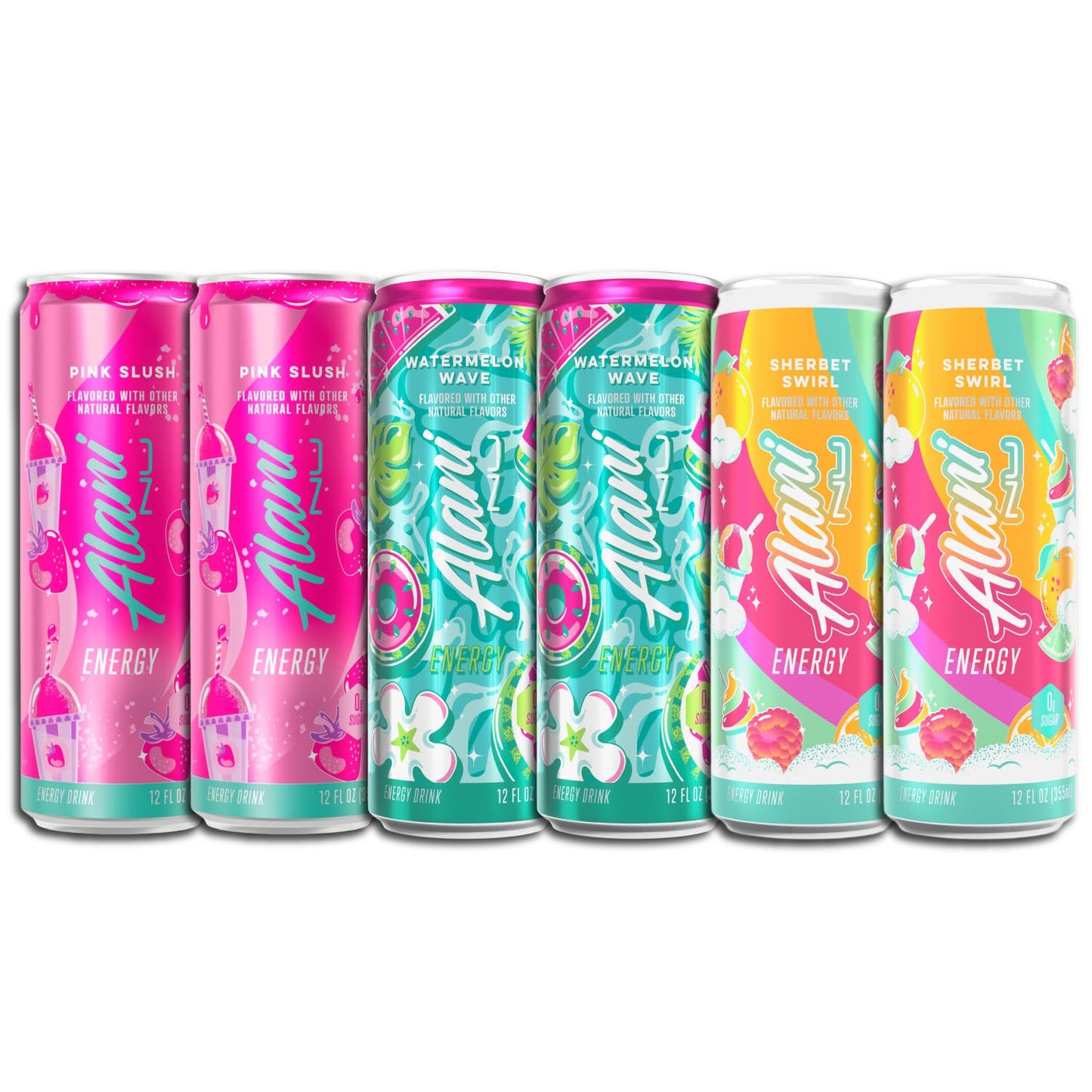 New Alani Energy Drinks Sherbert Swirl, Watermelon Wave, Pink Slush Flavors Variety Pack 12 fl oz (Pack of 6)
