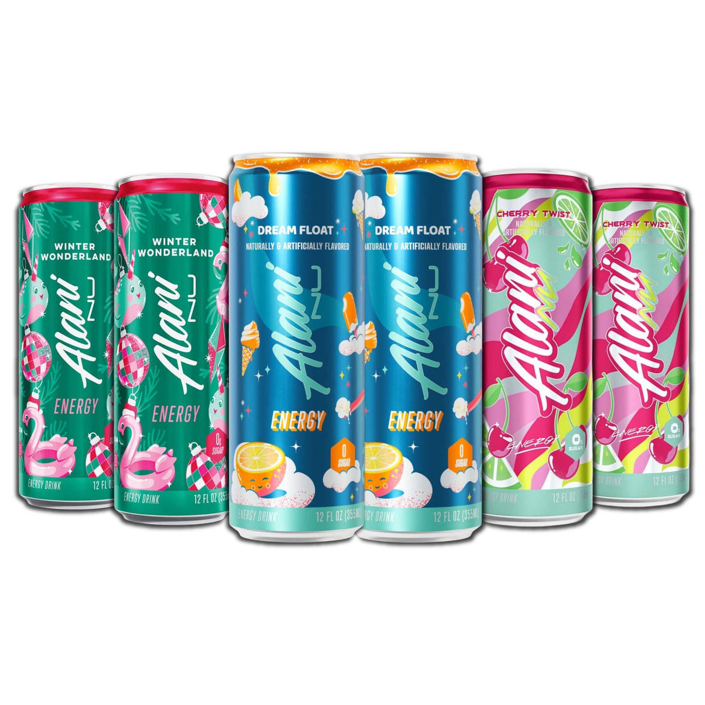 New Alani Sugar Free Energy Drinks Variety Pack, Low Calorie,12 oz (6 Pack) Winter Wonderland, Cherry Twist, Dream Float
