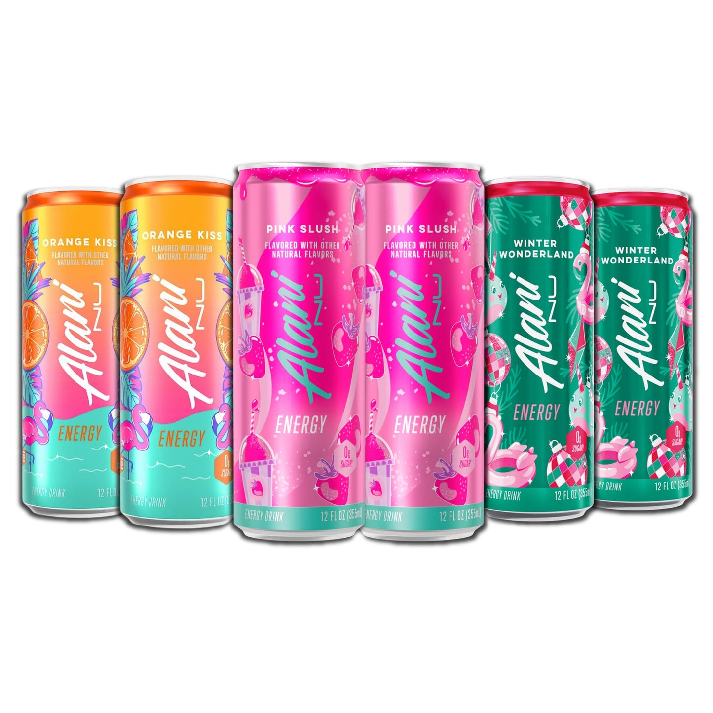 New Alani Sugar Free Energy Drinks Variety Pack, Low Calorie,12 oz (6 Pack) Orange kiss, Pink Slush, Winter Wonderland