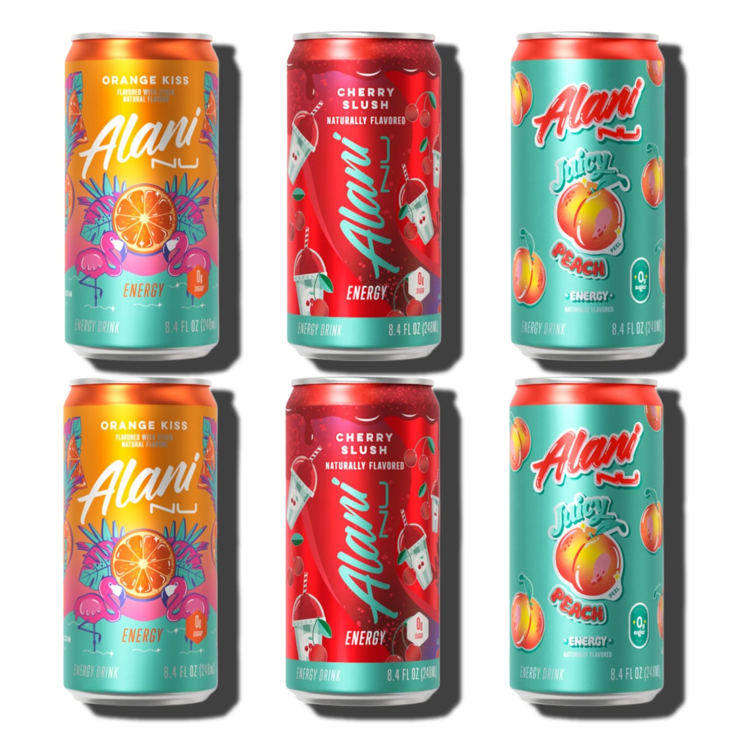 New Alani Sugar Free Energy Drinks - Orange Kiss, Juicy Peach, Cherry Slush, Mini Cans Variety Pack 8.4oz (12 Pack)
