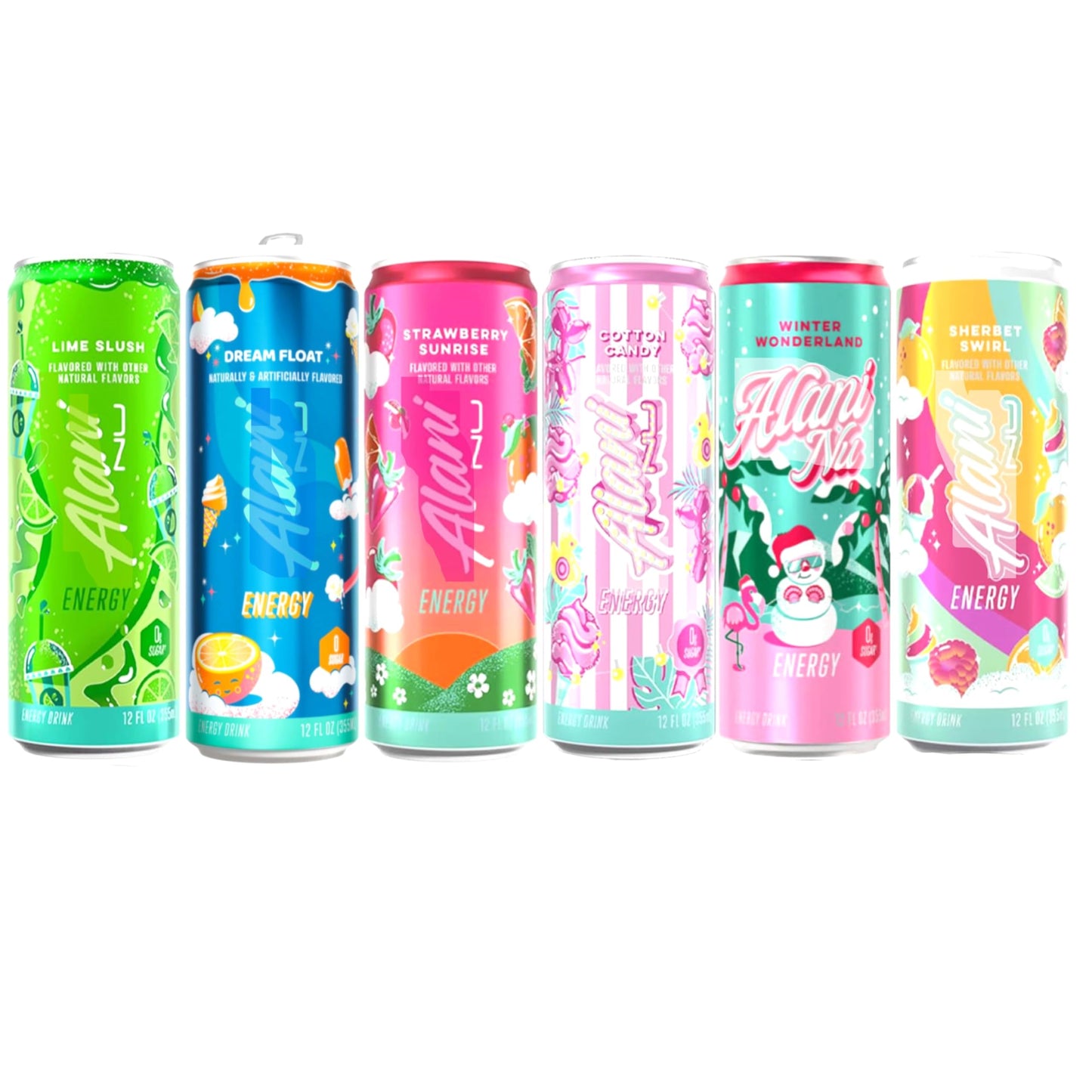 New Alani Energy Drinks Lime Slush, Strawberry Sunrise, Winter Wonderland, Cotton Candy, Sherbet Swirl, Dream Float - Limited Edition Flavors - Variety Pack, Sugar-Free, Low-Calorie, 200mg Caffeine, Energy Boost Drink 12 fl oz (Pack of 6)