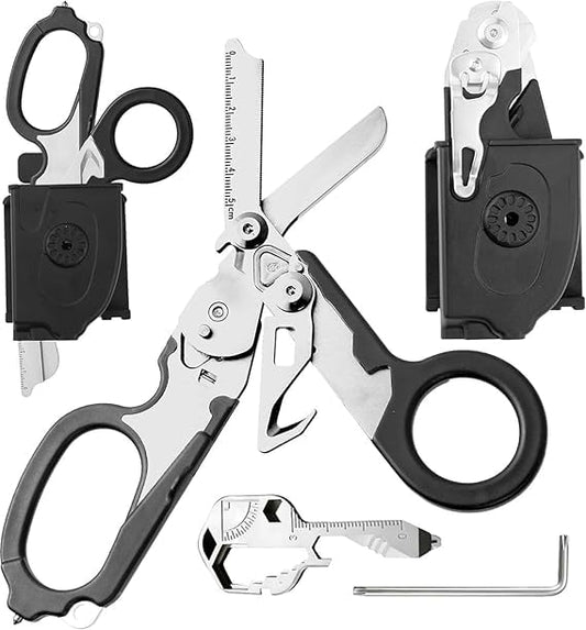 Heavy Duty 6-in-1 Emergency Trauma Shears with Holster – Stainless Steel Foldable Rescue Scissors & Pliers, Glass Breaker & Seatbelt Cutter – Tactical Survival Gear for EMT, Camping, Car Safety