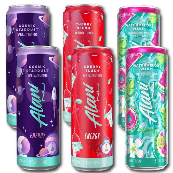 New Alani Energy Drinks Variety Pack Watermelon Wave, Cherry Slush, Cosmic Stardust Flavors Sugar-Free, Low-Calorie, 200mg Caffeine, Energy Boost Drink 12 fl oz (Pack of 6)