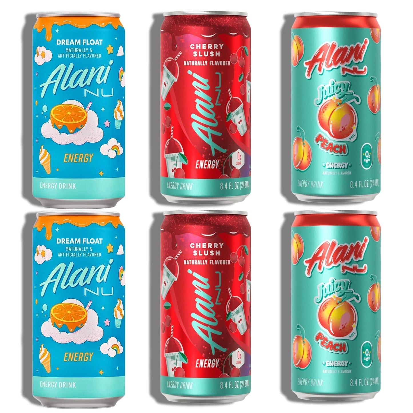 New Alani Mini Energy Drinks, Dream Float, Cherry Slush, Juicy Peach Variety Pack, Sugar Free, Low Calorie, Energy Boost Drinks 8.4oz Cans (6 pack)