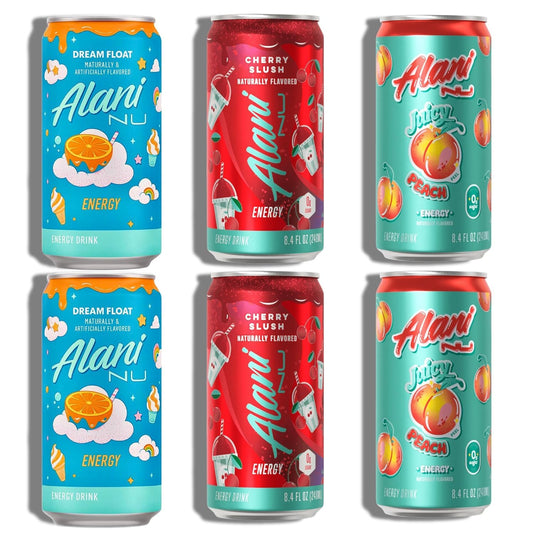 New Alani Mini Energy Drinks, Dream Float, Cherry Slush, Juicy Peach Variety Pack, Sugar Free, Low Calorie, Energy Boost Drinks 8.4oz Cans (6 pack)