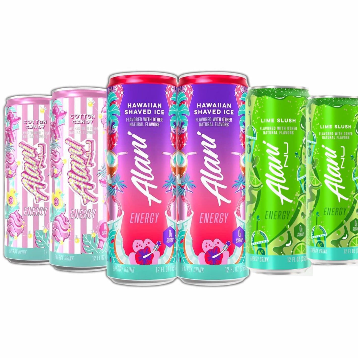 New Alani Energy Drinks Cotton Candy, Hawaian Shaved Ice, Lime Slush Variety Pack Sugar-Free, Low-Calorie, 200mg Caffeine, Energy Boost Drink 12 fl oz (Pack of 6)
