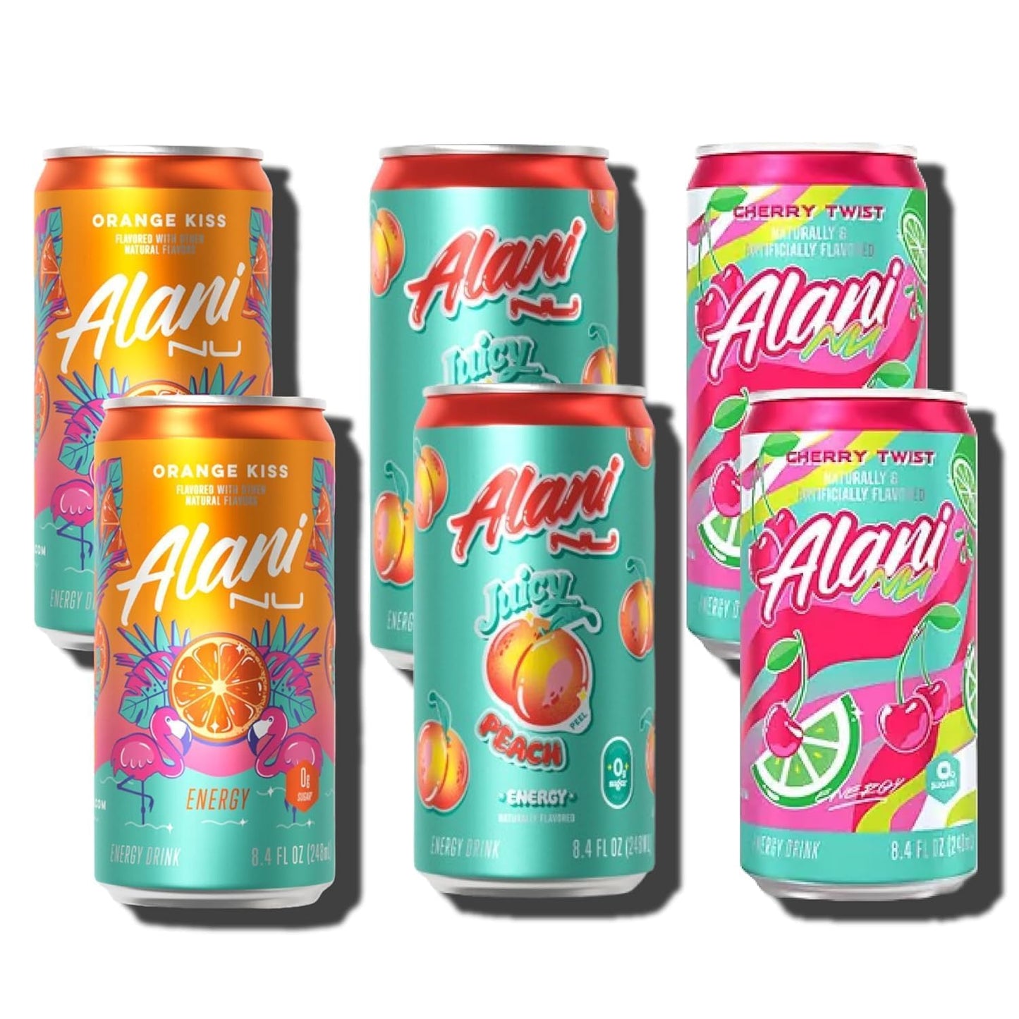 Alani Energy Drinks - Cherry Twist, Orange Kiss, Juicy Peach VARIETY PACK Sugar Free, Low Calorie, 8.4 Fl Oz Cans (6 Pack)