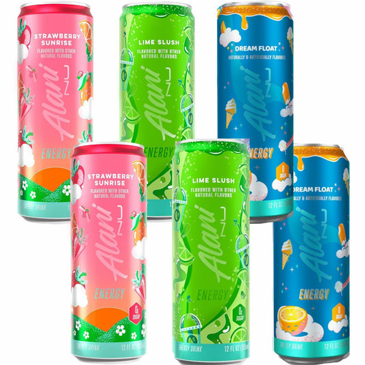 New Alani Energy Drinks Strawberry Sunrise, Lime Slush, Dream Float Flavors Variety Pack Sugar-Free, Low-Calorie, 200mg Caffeine, Energy Boost Drink 12 fl oz (Pack of 6)
