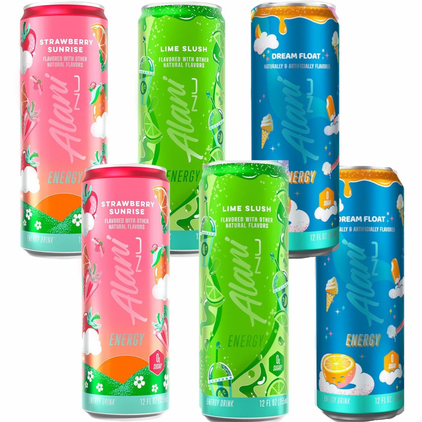 New Alani Mini Energy Drinks Lime Slush, Strawberrry Sunrise , Dream Float Variety Pack, Sugar Free, Low Calorie, 200 mg Caffine, Energy Boost Drinks 12oz Cans (6 pack) RePackaged By Trendy Stuff Online