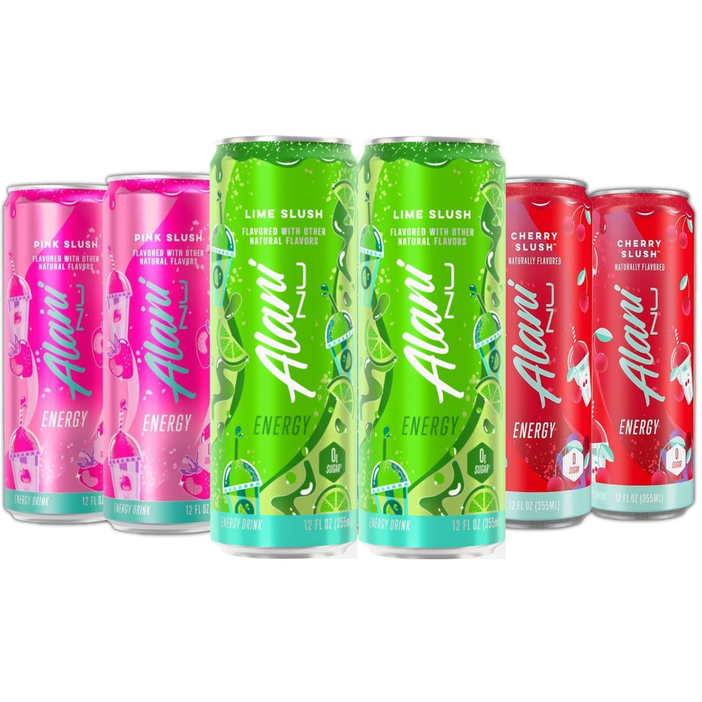 New Alani Energy Drinks Pink Slush, Cherry Slush, Lime Slush Special Edition Flavors Variety Pack Sugar-Free, Low-Calorie, 200mg Caffeine, Energy Boost Drink 12 fl oz (Pack of 6)