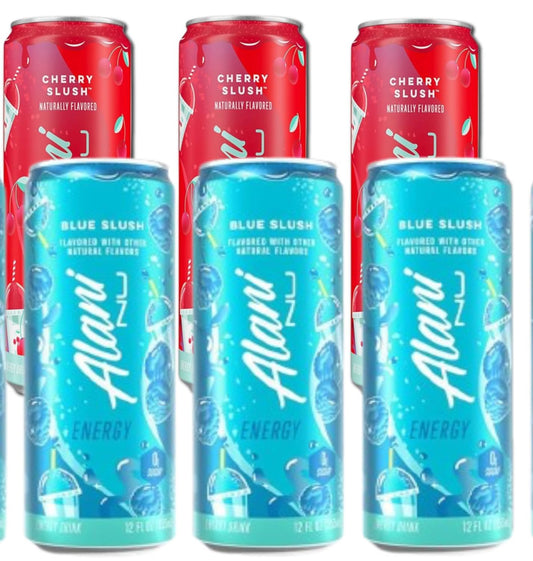 New Alani Sugar Free Energy Drinks Variety Pack,12 oz (6 Pack) Cherry Slush, Blue Slush