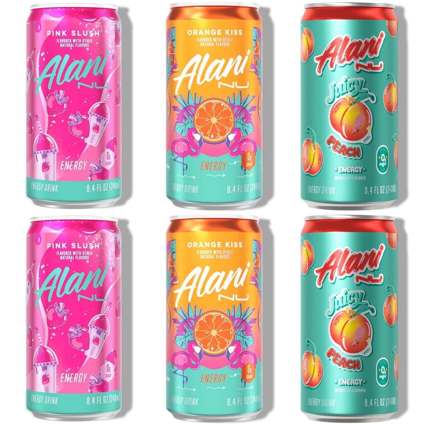 New Alani Mini Energy Drinks, Pink Slush, Orange Kiss, Juicy Peach Flavors Variety Pack, Sugar-Free, Low-Calorie, Energy Boost Drink 8.4 fl oz (Pack of 6) (Packaging May Vary)
