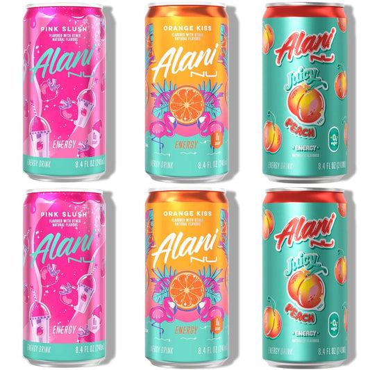 New Alani Mini Energy Drinks, Pink Slush, Orange Kiss, Juicy Peach Flavors Variety Pack, Sugar-Free, Low-Calorie, Energy Boost Drink 8.4 fl oz (Pack of 6) (Packaging May Vary)