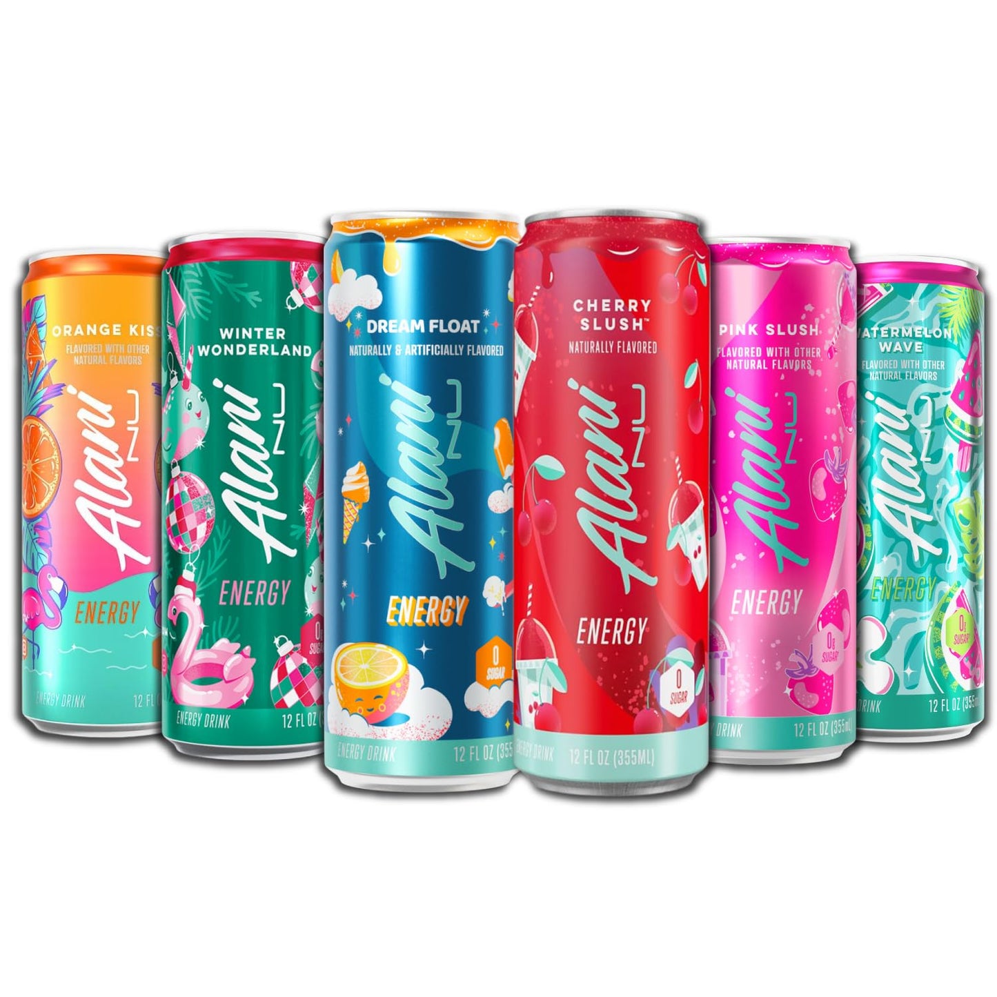 New Alani Sugar Free Energy Drinks Variety Pack Dream Float, Pink Slush, Watermelon Wave, Orange Kiss, Winter Wonderland, Cherry Slush, Low Calorie, 200mg Caffeine, 12 Fl (6 Pack)