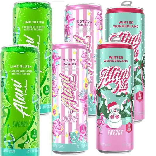 New Alani Energy Drinks Special Edition Cotton Candy, Lime Slush, Winter Wonderland Variety Pack Sugar-Free, Low-Calorie, 200mg Caffeine, Energy Boost Drink 12 fl oz (Pack of 6)