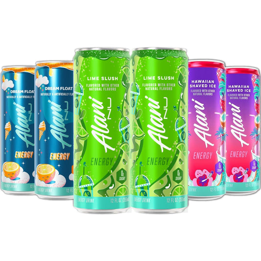 New Alani Energy Drinks Lime Slush, Dream Float, Hawaian Shaved Ice Variety Pack, Sugar-Free, Low-Calorie, 200mg Caffeine, Energy Boost Drink 12 fl oz (Pack of 6) (Packaging May Vary)