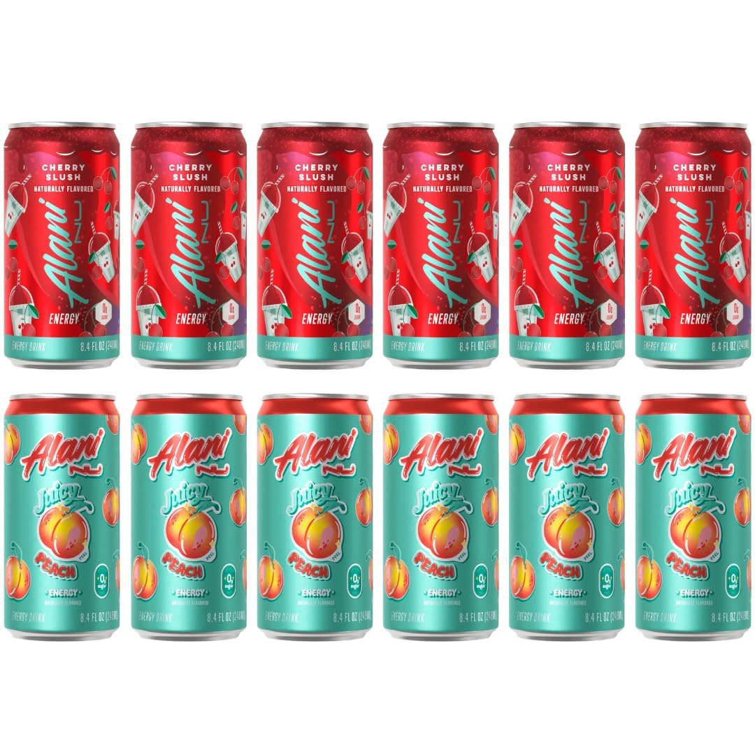 New Alani Sugar Free Energy Drinks - Juicy Peach, Cherry Slush, Mini Cans Variety Pack 8.4oz (12 Pack)