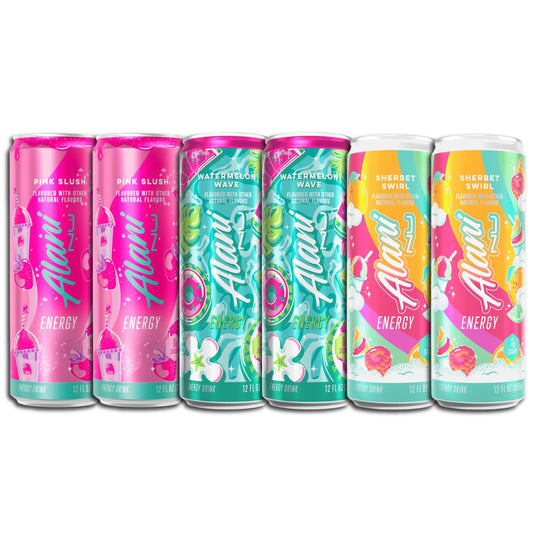 New Alani Energy Drinks Sherbert Swirl, Watermelon Wave, Pink Slush Flavors Variety Pack 12 fl oz (Pack of 6)