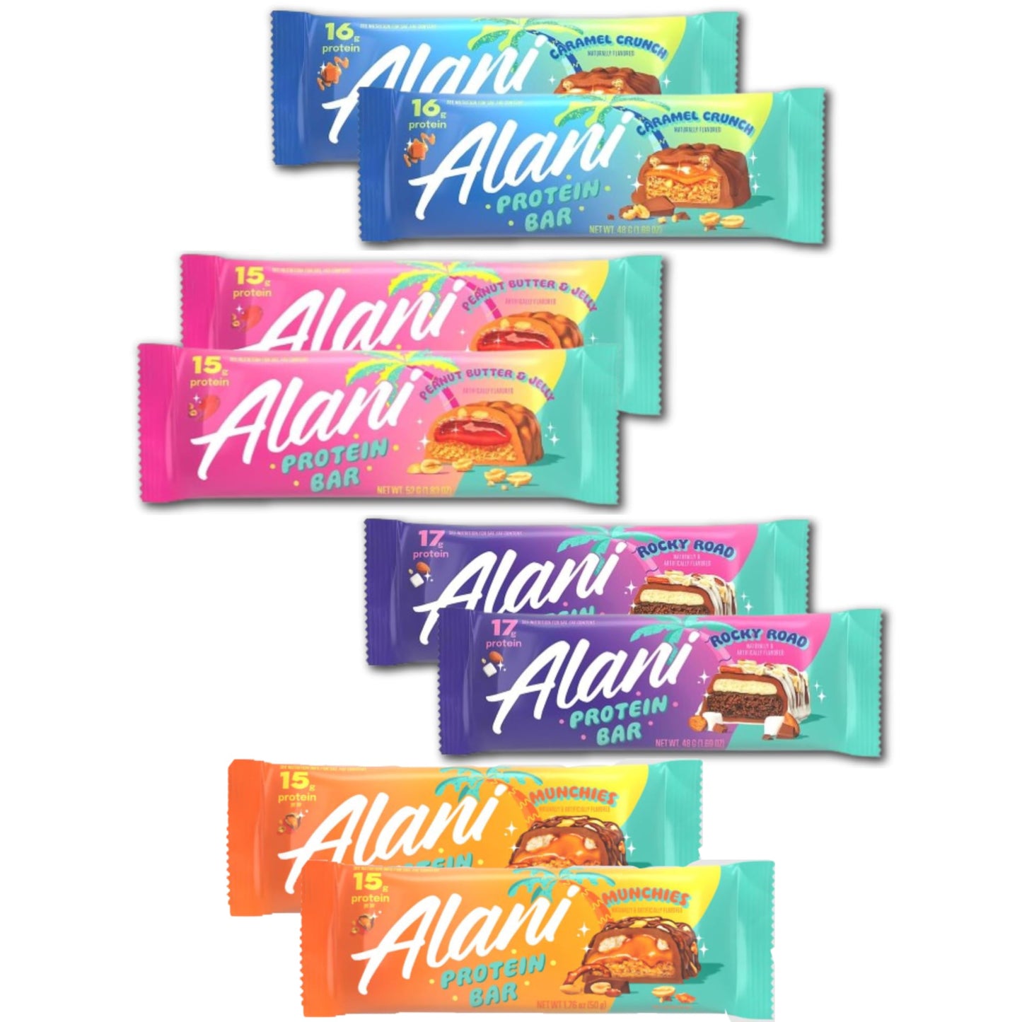 Alani High Protein Snack Bars – Variety Pack – Caramel Crunch, Peanut Butter & Jelly, Rocky Road, Munchies – Gluten-Free – 8 Count REPACKAGED BY Trendy Stuff Online