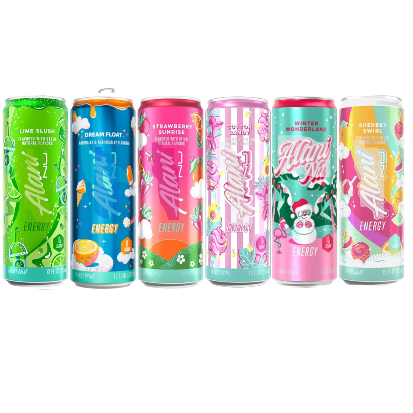 New Alani Energy Drinks - Strawberry Sunrise, Winter Wonderland, Lime Slush, Cotton Candy, Sherbet Swirl, Dream Float- 200mg Caffeine |Zero Sugar | 15 Calories or Less 6 Pack