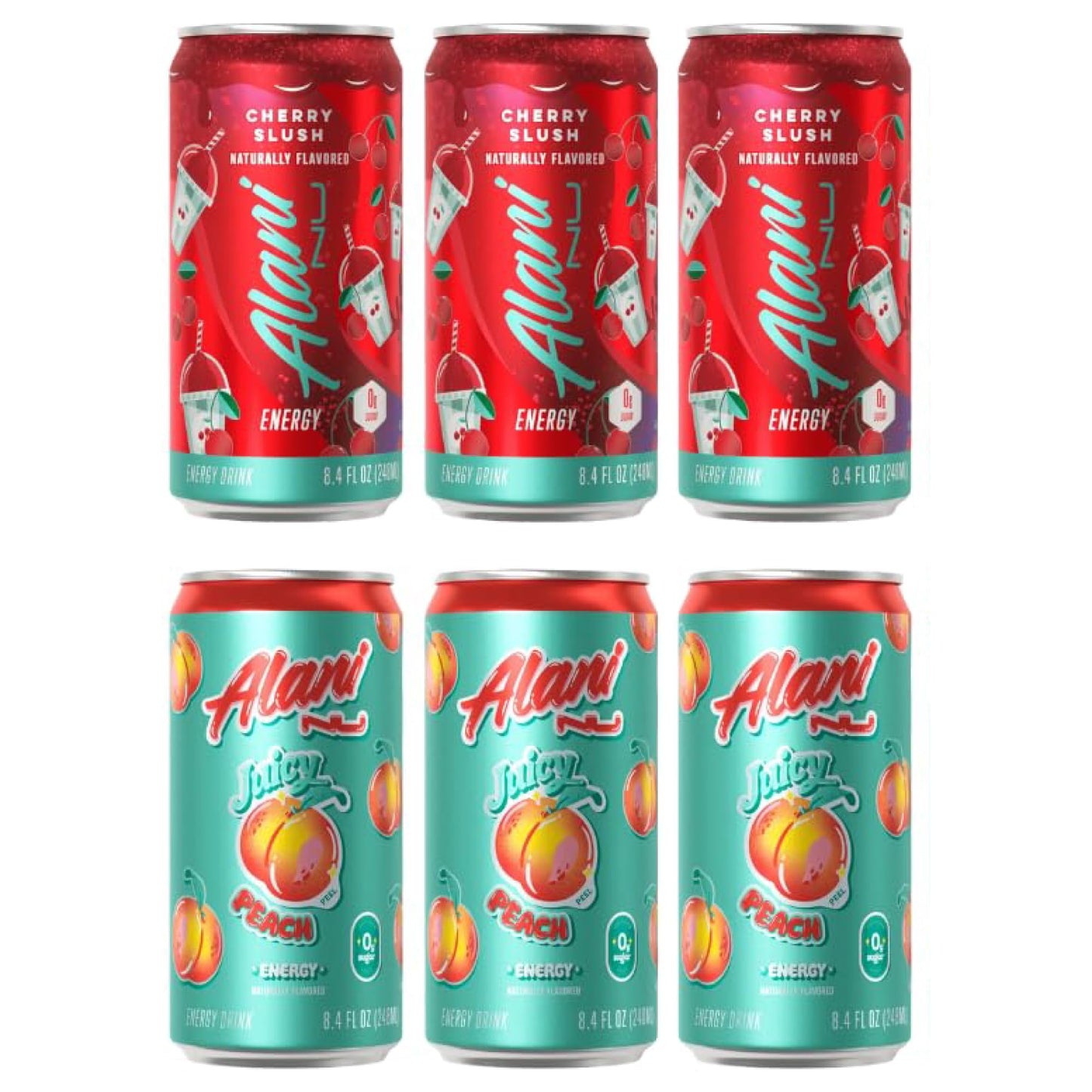 New Alani Sugar Free Energy Drinks - Juicy Peach, Cherry Slush, Mini Cans Variety Pack 8.4oz (6 Pack)