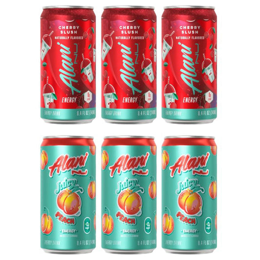 New Alani Sugar Free Energy Drinks - Juicy Peach, Cherry Slush, Mini Cans Variety Pack 8.4oz (6 Pack)